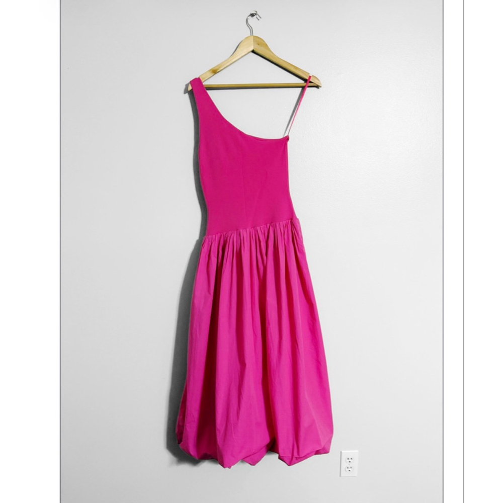 Derek Lam Pink Bubble Hem One Shoulder Midi Dress - Picture 2 of 10